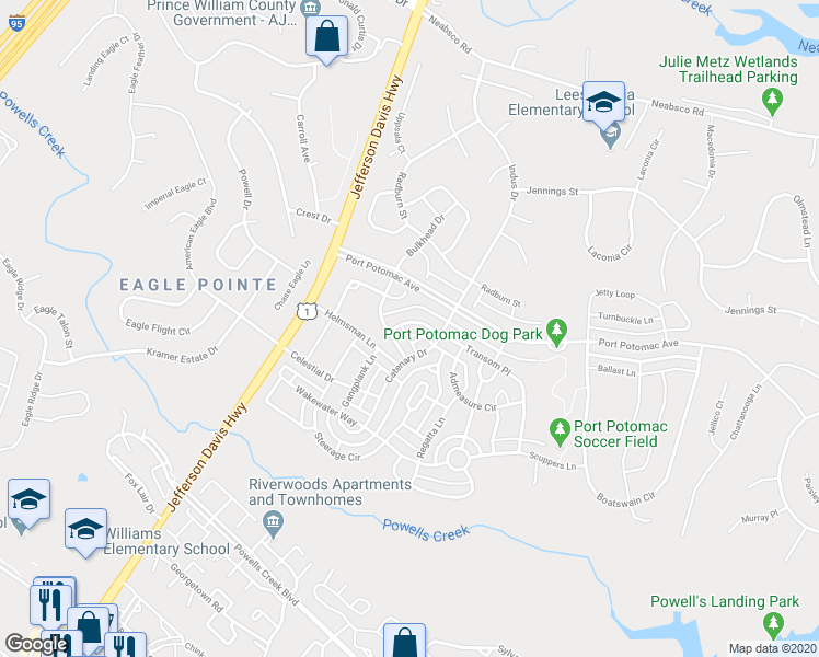 map of restaurants, bars, coffee shops, grocery stores, and more near 2567 Transom Place in Woodbridge