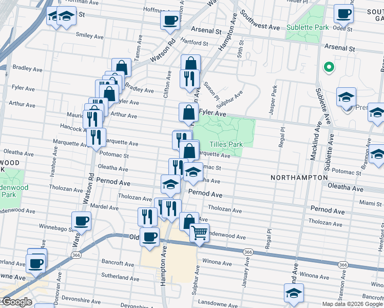 map of restaurants, bars, coffee shops, grocery stores, and more near 6001 Marquette Avenue in St. Louis