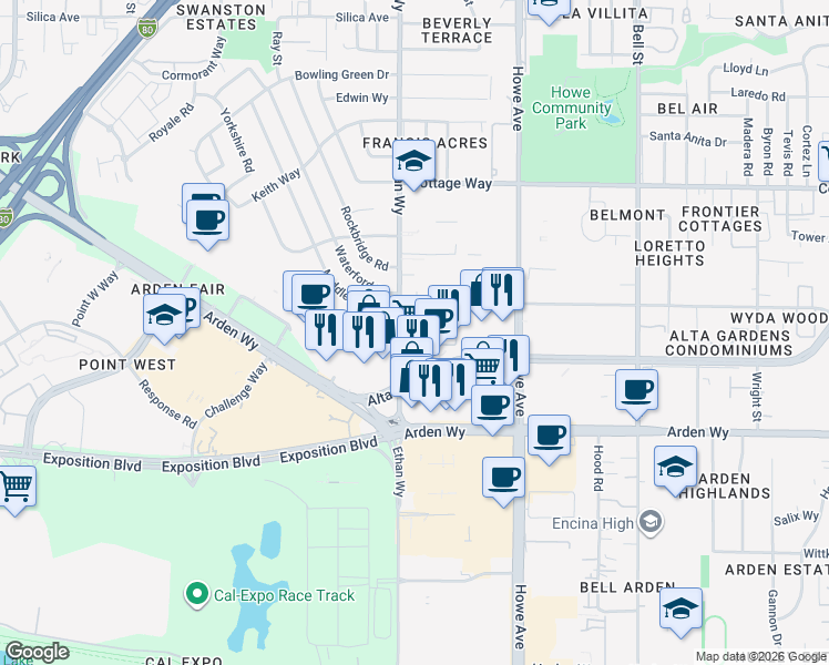 map of restaurants, bars, coffee shops, grocery stores, and more near 1860 Ethan Way in Sacramento