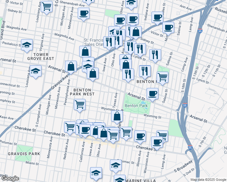 map of restaurants, bars, coffee shops, grocery stores, and more near in St. Louis