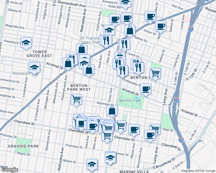 map of restaurants, bars, coffee shops, grocery stores, and more near in St. Louis