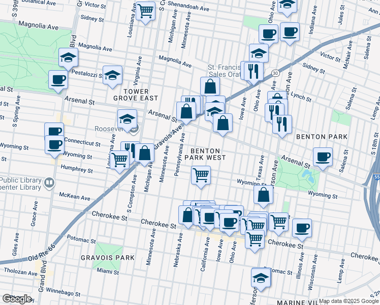 map of restaurants, bars, coffee shops, grocery stores, and more near 3138 Nebraska Avenue in St. Louis