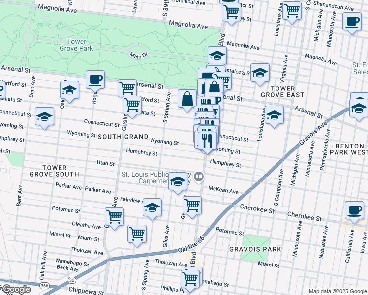 map of restaurants, bars, coffee shops, grocery stores, and more near 3645 Wyoming Street in St. Louis