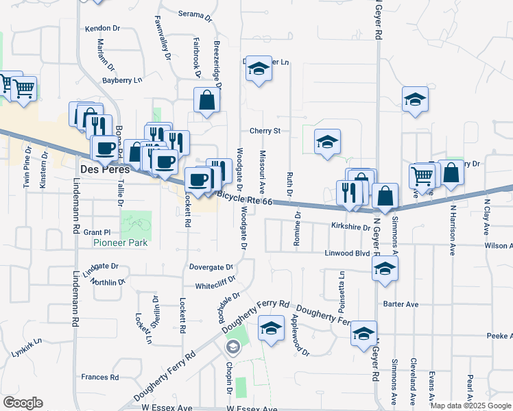 map of restaurants, bars, coffee shops, grocery stores, and more near 1104 Missouri Avenue in Kirkwood