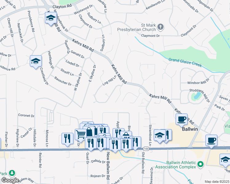 map of restaurants, bars, coffee shops, grocery stores, and more near 17 Log Hill Lane in Ballwin
