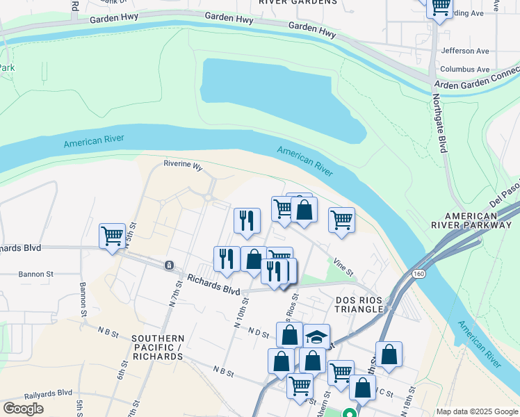 map of restaurants, bars, coffee shops, grocery stores, and more near 800 North 10th Street in Sacramento