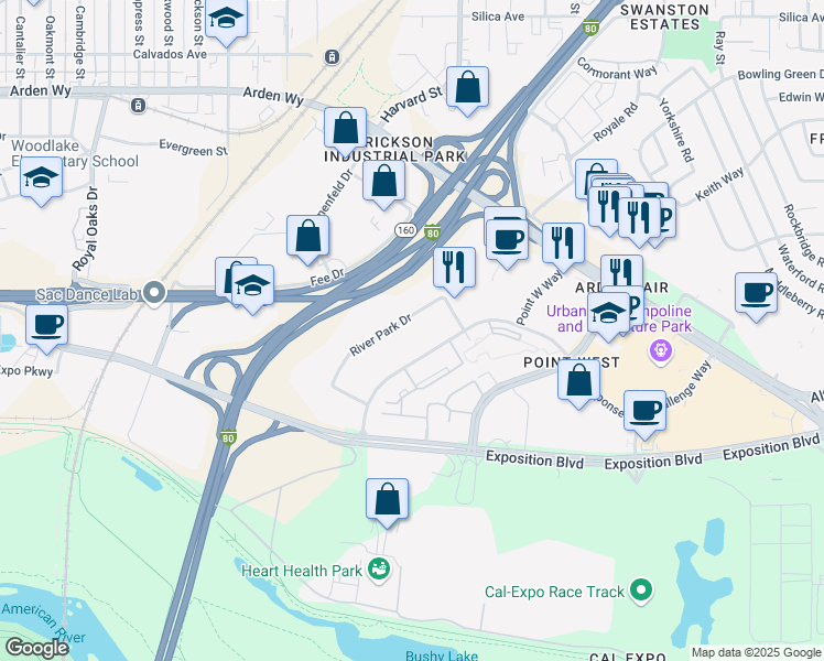 map of restaurants, bars, coffee shops, grocery stores, and more near 1500 River Park Drive in Sacramento