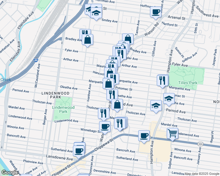 map of restaurants, bars, coffee shops, grocery stores, and more near 3501 Watson Road in St. Louis
