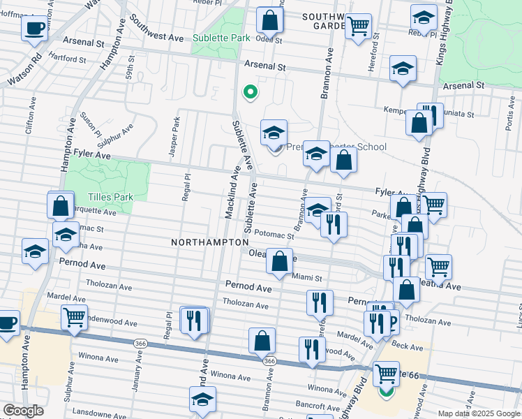 map of restaurants, bars, coffee shops, grocery stores, and more near 3334 Sublette Avenue in St. Louis