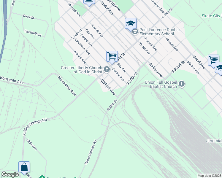 map of restaurants, bars, coffee shops, grocery stores, and more near 1415 South J Street in East St. Louis