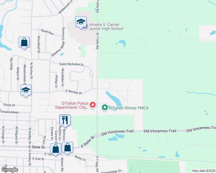 map of restaurants, bars, coffee shops, grocery stores, and more near 1022 East Wesley Drive in O'Fallon
