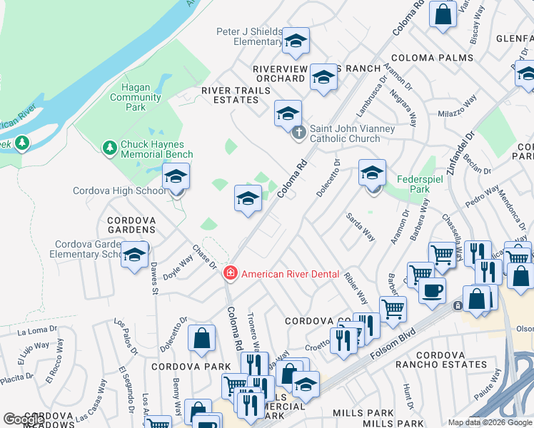 map of restaurants, bars, coffee shops, grocery stores, and more near 10434 Coloma Road in Rancho Cordova