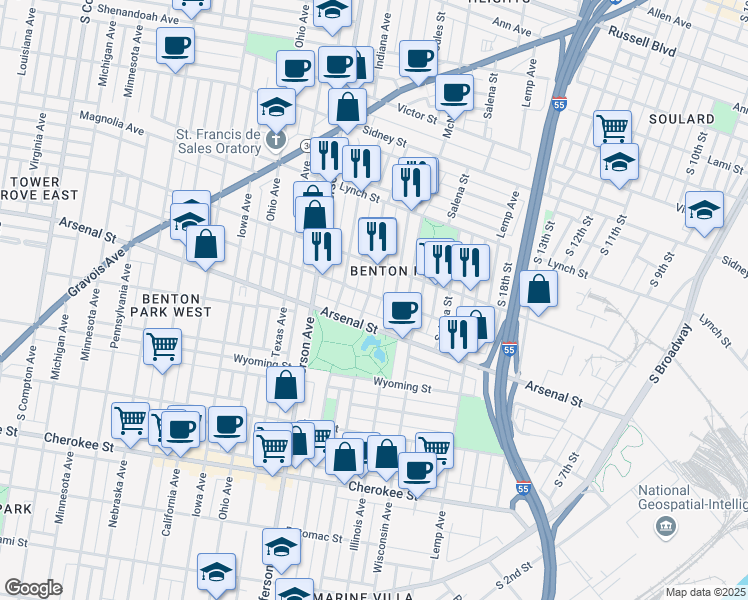 map of restaurants, bars, coffee shops, grocery stores, and more near 3000 Missouri Avenue in St. Louis