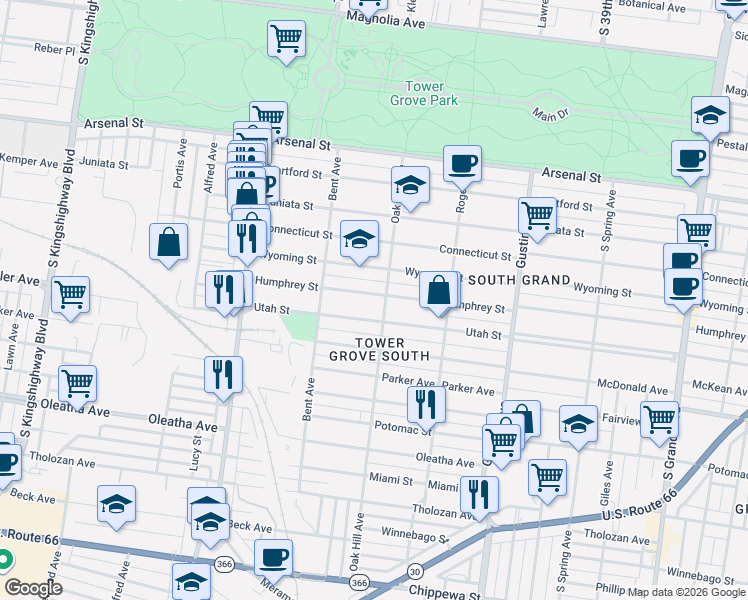map of restaurants, bars, coffee shops, grocery stores, and more near 4110 Humphrey Street in St. Louis