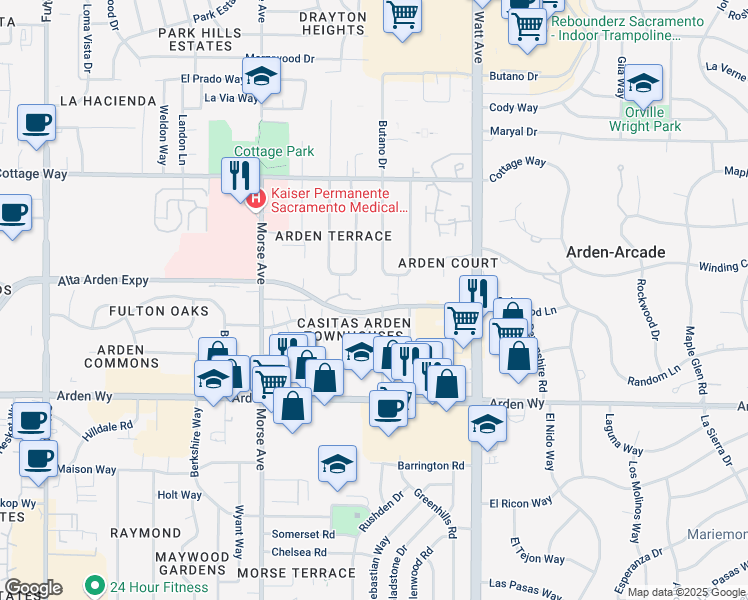 map of restaurants, bars, coffee shops, grocery stores, and more near 3301 Alta Arden Expressway in Sacramento