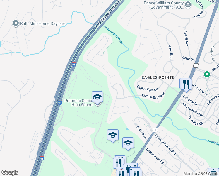 map of restaurants, bars, coffee shops, grocery stores, and more near 3265 Eagle Ridge Drive in Woodbridge