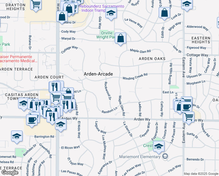 map of restaurants, bars, coffee shops, grocery stores, and more near 1900 Rockwood Drive in Sacramento