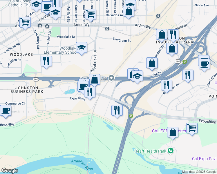 map of restaurants, bars, coffee shops, grocery stores, and more near 1805 Tribute Rd in Sacramento