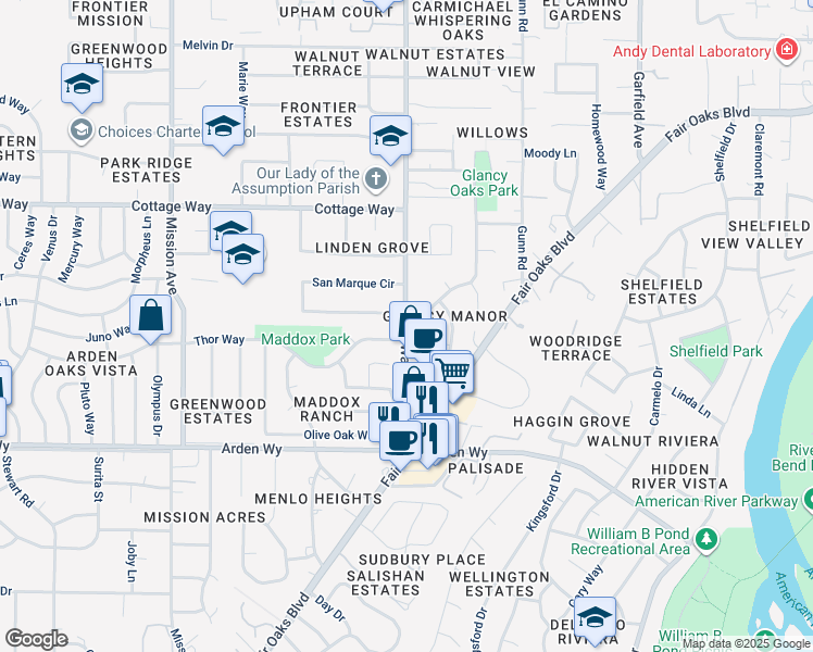 map of restaurants, bars, coffee shops, grocery stores, and more near 5110 Glancy Drive in Carmichael