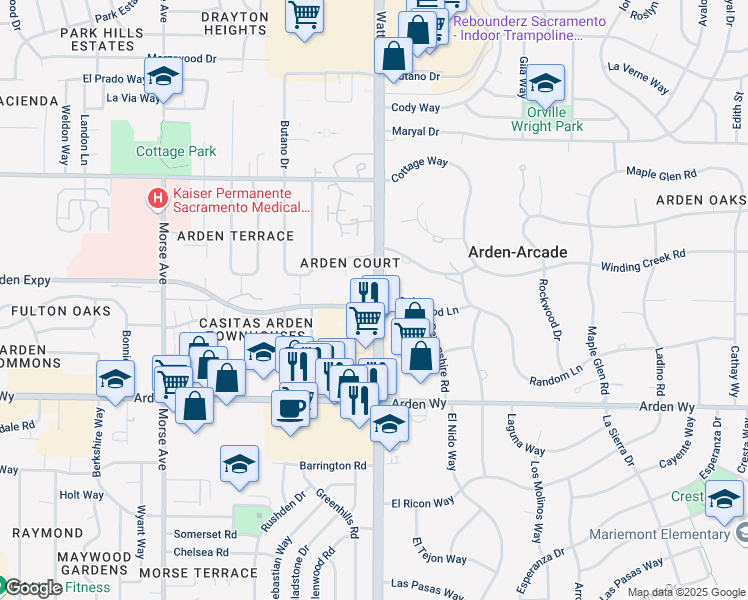 map of restaurants, bars, coffee shops, grocery stores, and more near 3501 Maplewood Lane in Sacramento