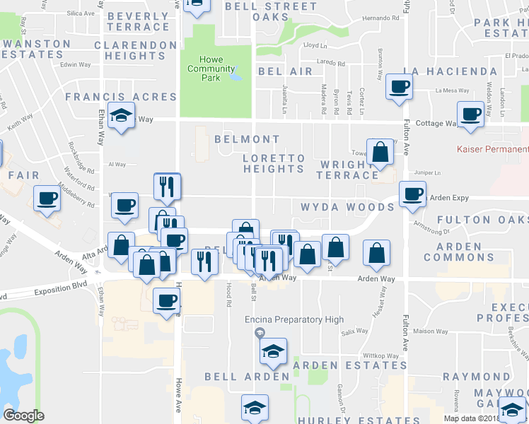 map of restaurants, bars, coffee shops, grocery stores, and more near 2314 Wyda Way in Sacramento