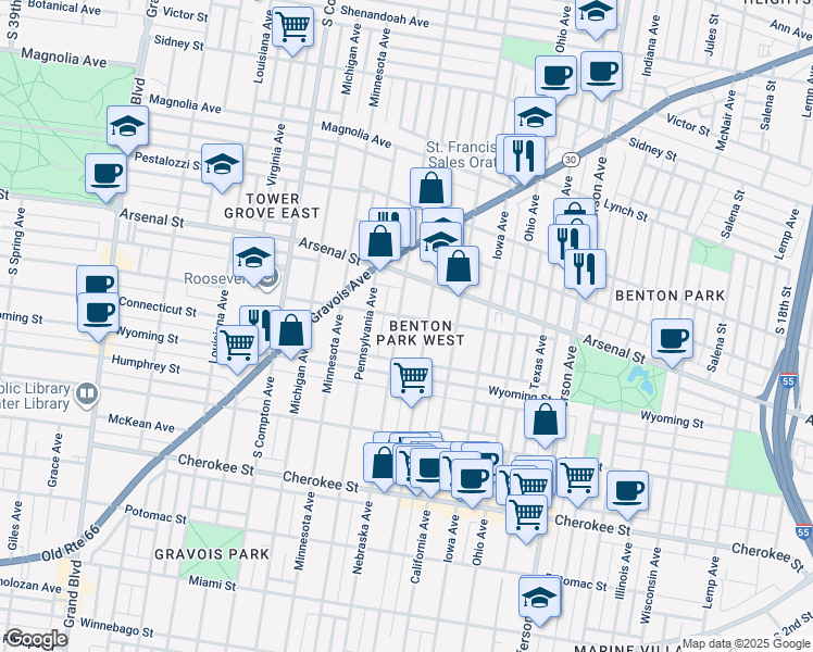 map of restaurants, bars, coffee shops, grocery stores, and more near 3138 Nebraska Avenue in St. Louis
