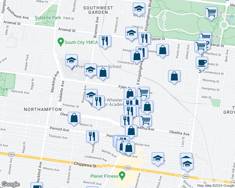 map of restaurants, bars, coffee shops, grocery stores, and more near 4953 Parker Avenue in St. Louis