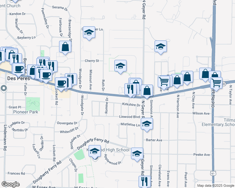 map of restaurants, bars, coffee shops, grocery stores, and more near 11287 Manchester Road in Kirkwood