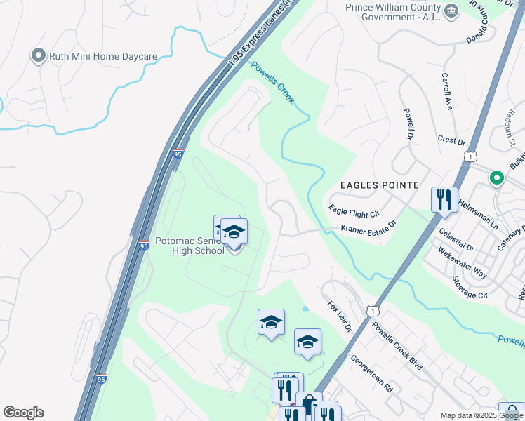 map of restaurants, bars, coffee shops, grocery stores, and more near 3265 Eagle Ridge Drive in Woodbridge
