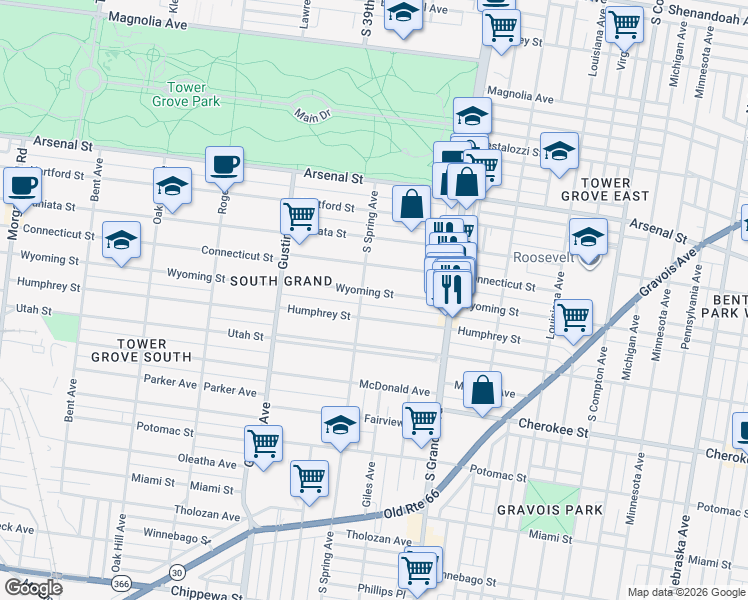 map of restaurants, bars, coffee shops, grocery stores, and more near 3723 Wyoming Street in St. Louis