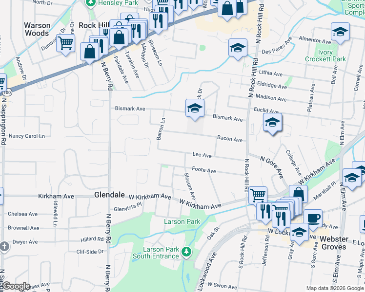 map of restaurants, bars, coffee shops, grocery stores, and more near 536 Bacon Avenue in Webster Groves