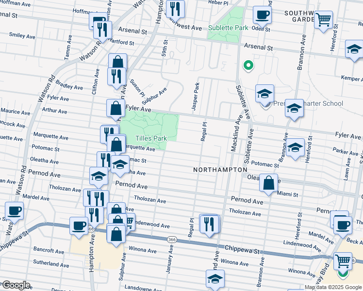 map of restaurants, bars, coffee shops, grocery stores, and more near 5646 Hancock Avenue in St. Louis