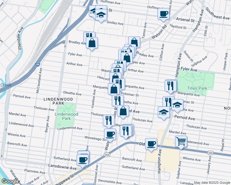 map of restaurants, bars, coffee shops, grocery stores, and more near 3471 Watson Road in St. Louis