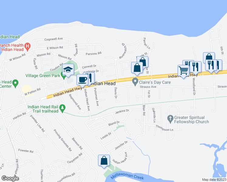 map of restaurants, bars, coffee shops, grocery stores, and more near 6 Davis Drive in Indian Head