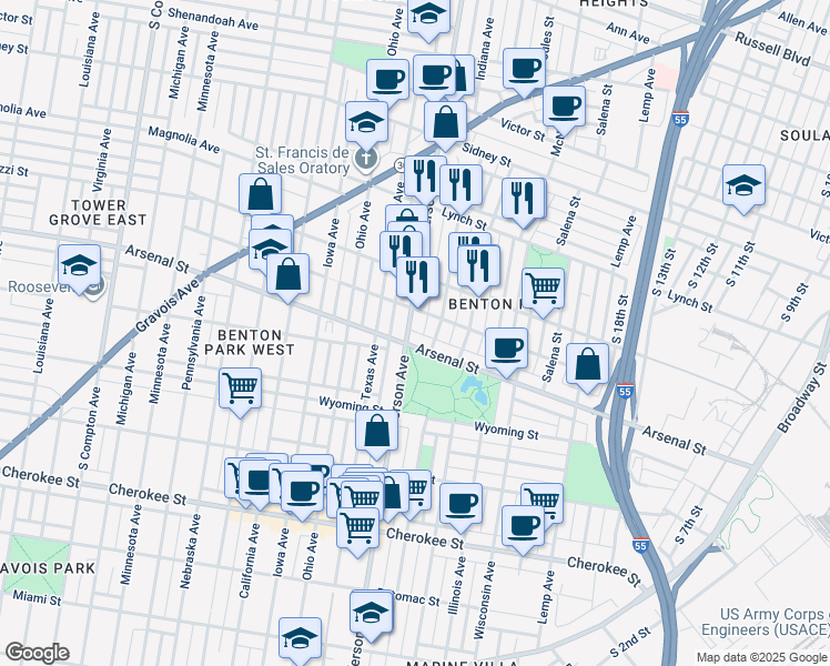 map of restaurants, bars, coffee shops, grocery stores, and more near 3024 South Jefferson Avenue in St. Louis