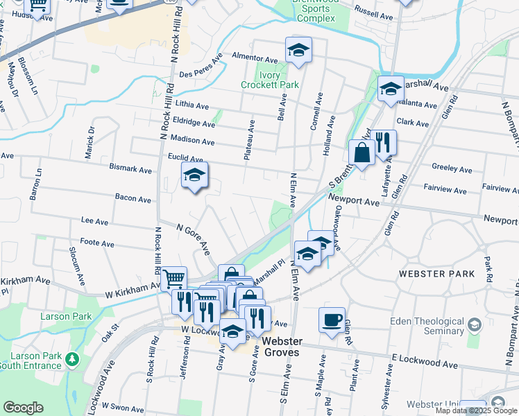 map of restaurants, bars, coffee shops, grocery stores, and more near 350 Hillside Avenue in Webster Groves