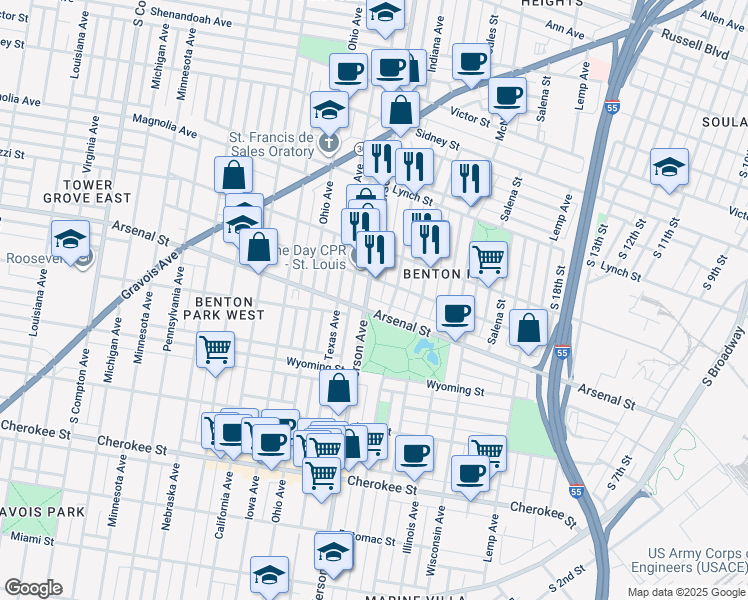 map of restaurants, bars, coffee shops, grocery stores, and more near 3024 South Jefferson Avenue in St. Louis