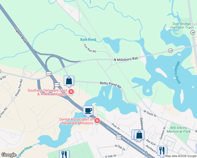 map of restaurants, bars, coffee shops, grocery stores, and more near 24669 Betts Pond Road in Millsboro