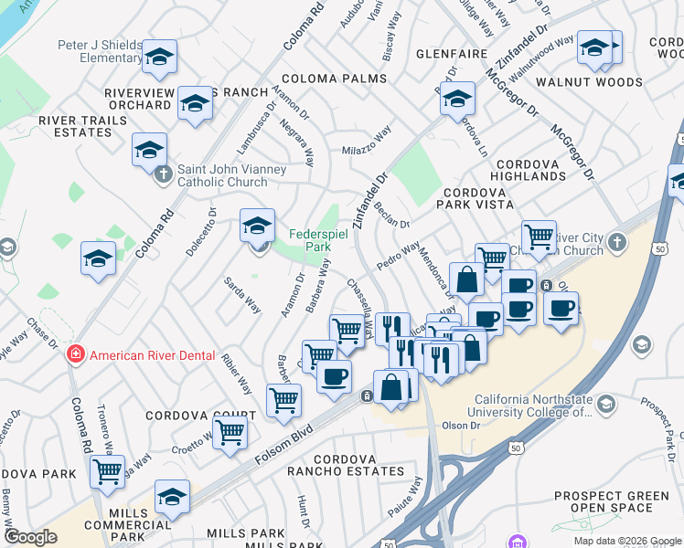 map of restaurants, bars, coffee shops, grocery stores, and more near 2552 Zinfandel Drive in Rancho Cordova