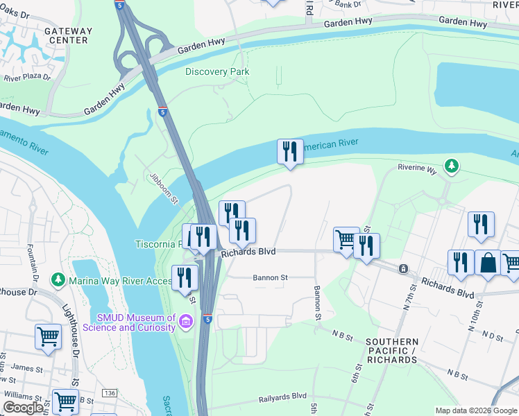 map of restaurants, bars, coffee shops, grocery stores, and more near 510 Bercut Dr in Sacramento