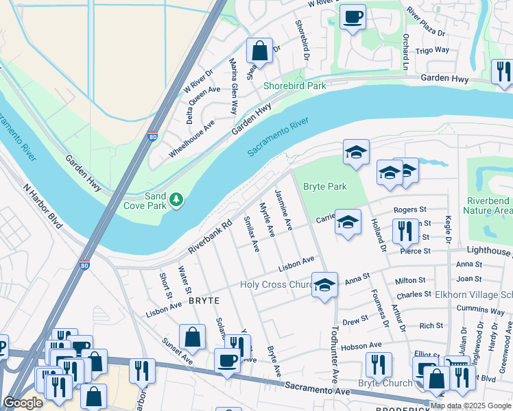map of restaurants, bars, coffee shops, grocery stores, and more near 1450 Riverbank Road in West Sacramento