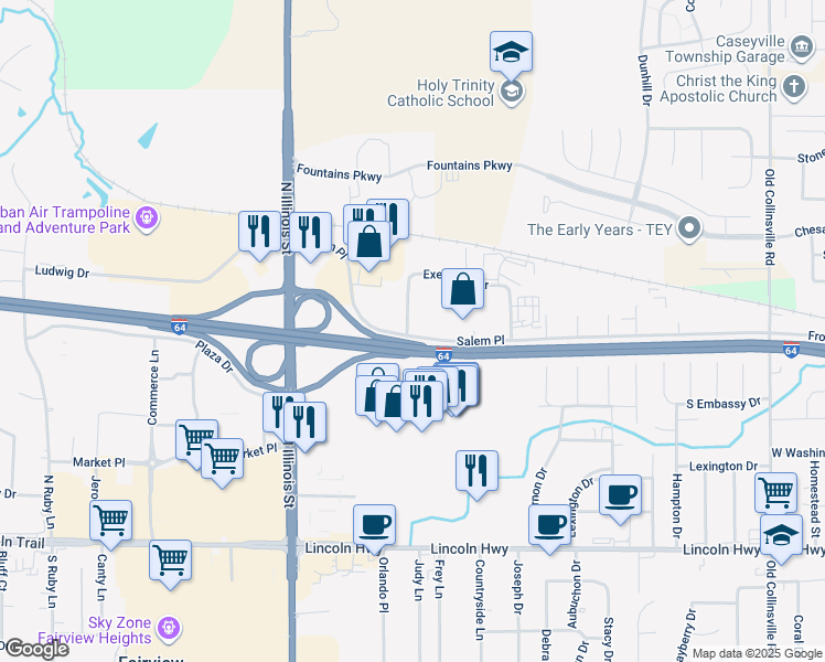 map of restaurants, bars, coffee shops, grocery stores, and more near 5 Executive Drive in Fairview Heights
