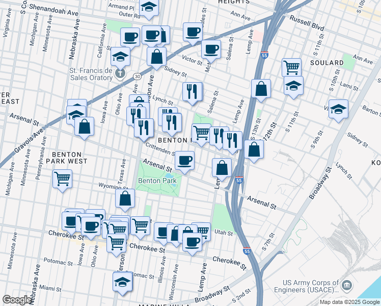 map of restaurants, bars, coffee shops, grocery stores, and more near in St. Louis