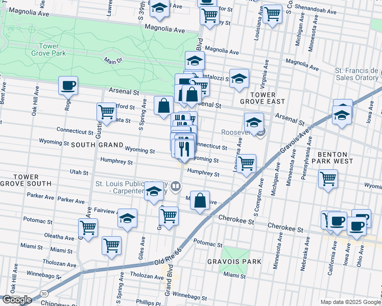 map of restaurants, bars, coffee shops, grocery stores, and more near 3522 Connecticut Street in St. Louis