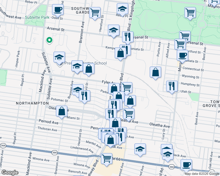 map of restaurants, bars, coffee shops, grocery stores, and more near 3307 Lawn Avenue in St. Louis