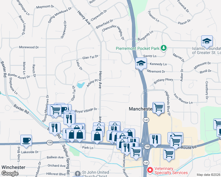 map of restaurants, bars, coffee shops, grocery stores, and more near 16 Hedgewood Lane in Ballwin