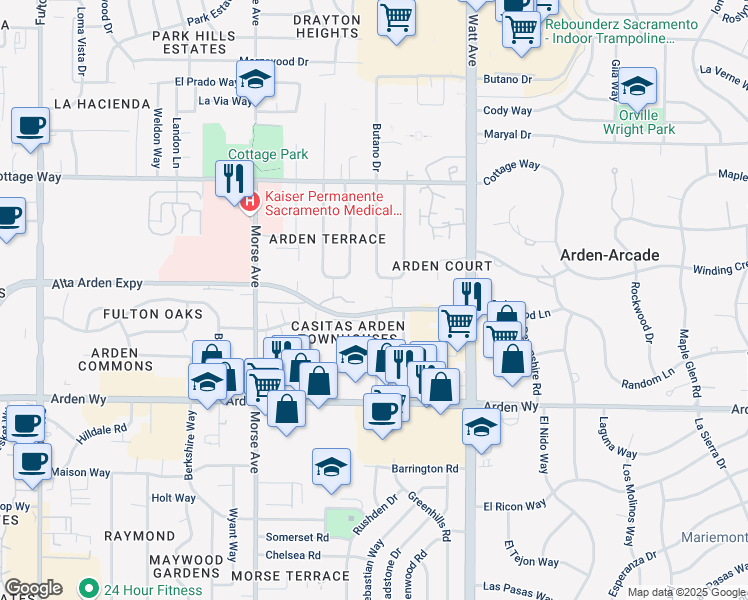 map of restaurants, bars, coffee shops, grocery stores, and more near 3301 Alta Arden Expressway in Sacramento