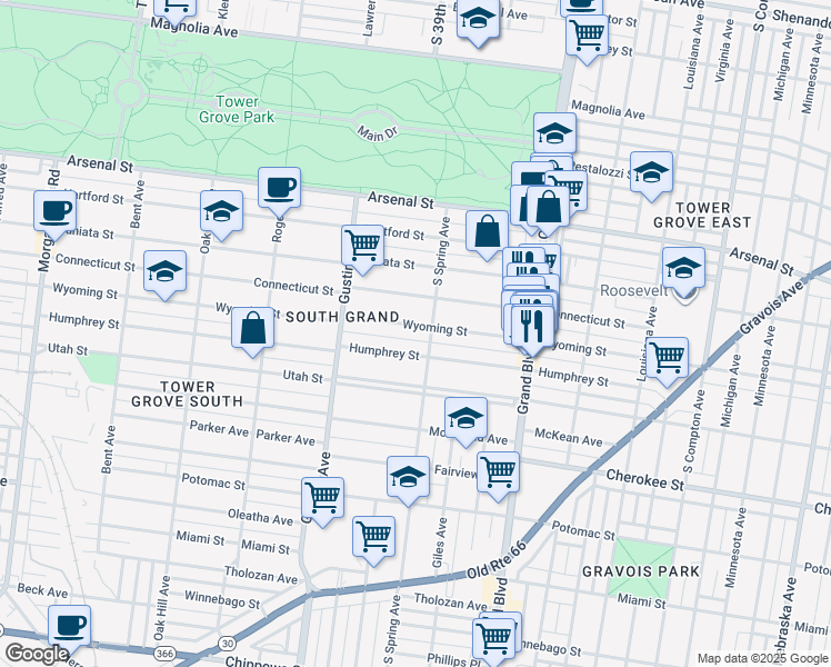 map of restaurants, bars, coffee shops, grocery stores, and more near 3820 Wyoming Street in St. Louis