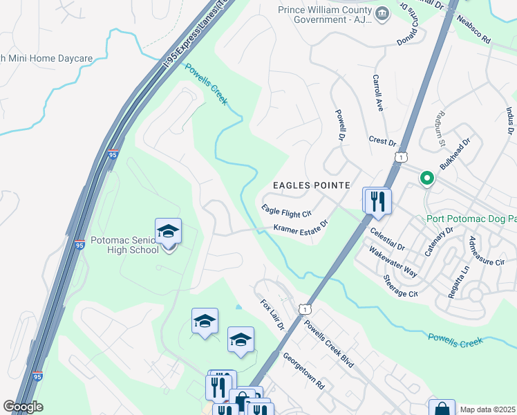 map of restaurants, bars, coffee shops, grocery stores, and more near 16280 Eagle Flight Circle in Woodbridge