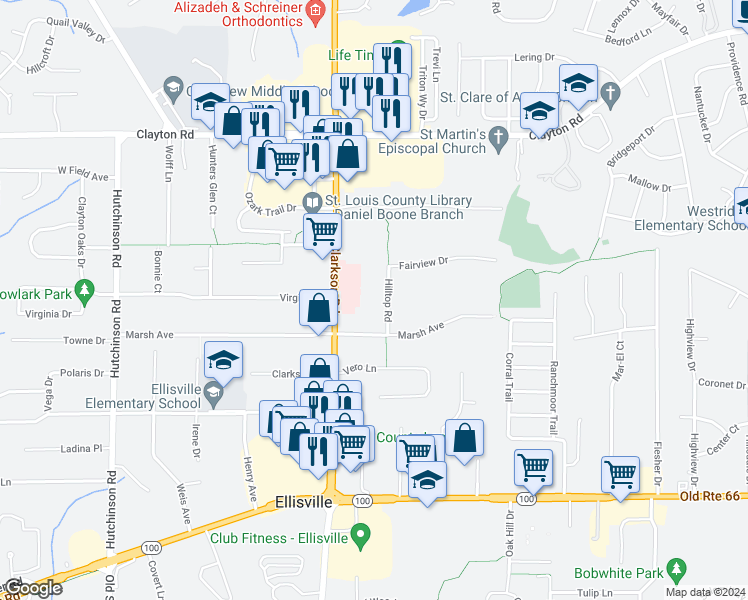 map of restaurants, bars, coffee shops, grocery stores, and more near 226 Hilltop Rd in Ellisville